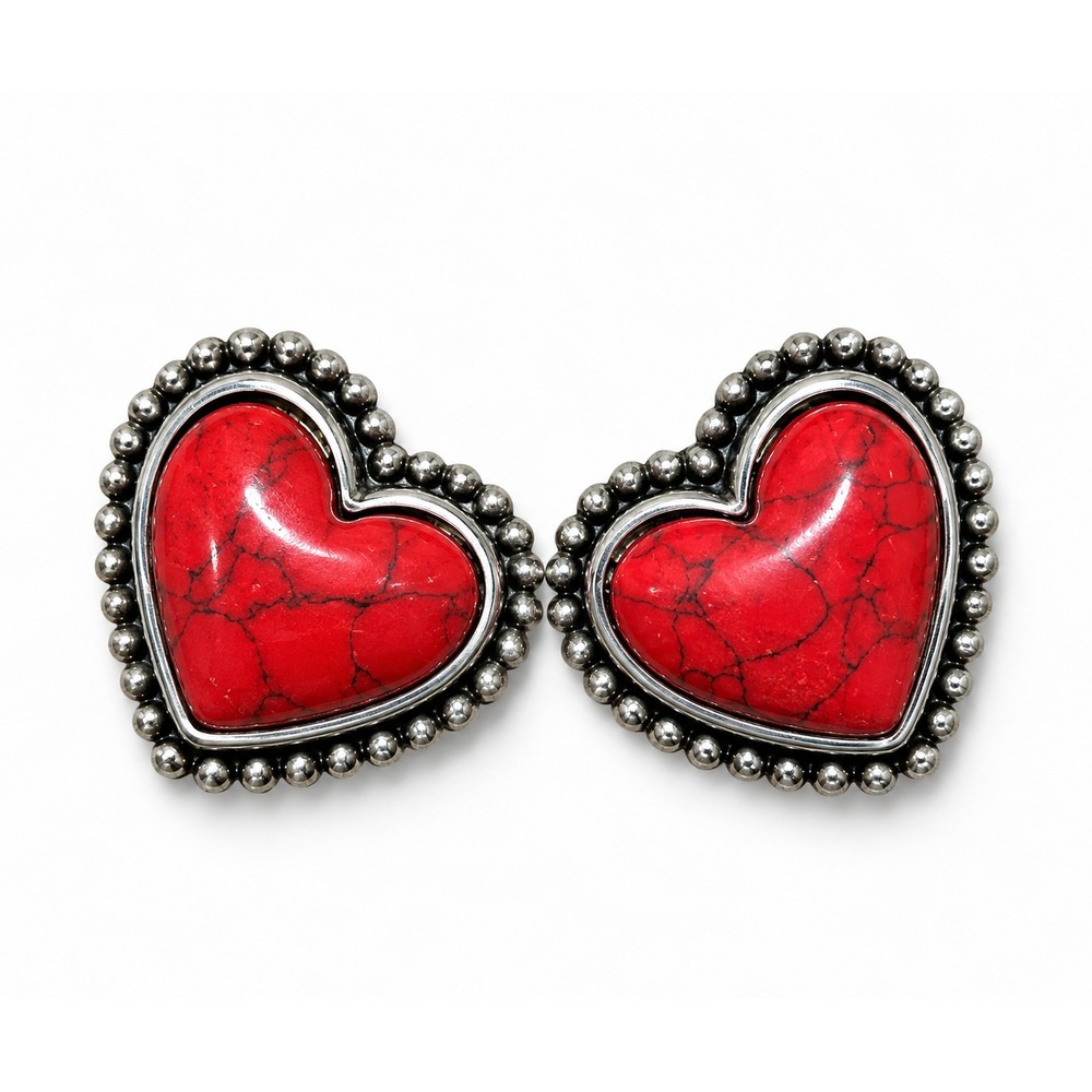 Western Heart Stud Earrings Red Howlite Stone Silver Cowgirl Statement 1"
